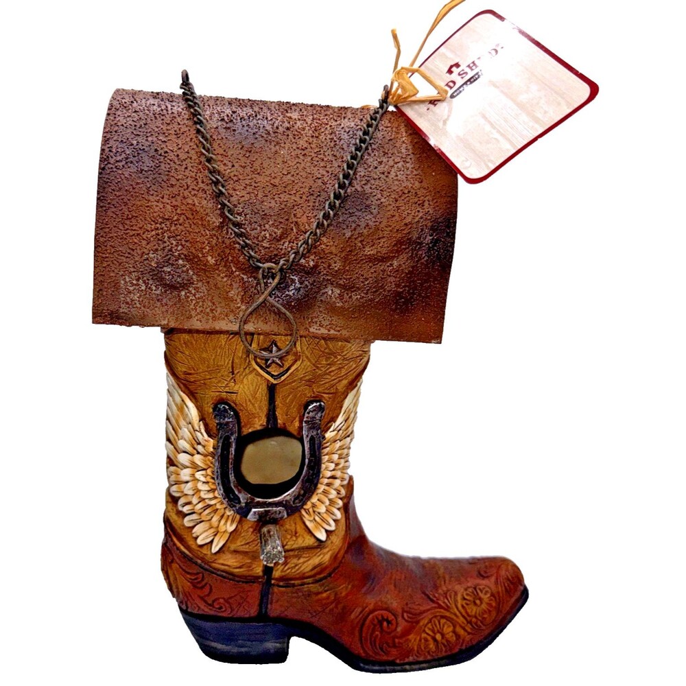 Vintage Look  Wing Horseshoe Ceramic Cowboy Boot Birdhouse W/ Tin Roof